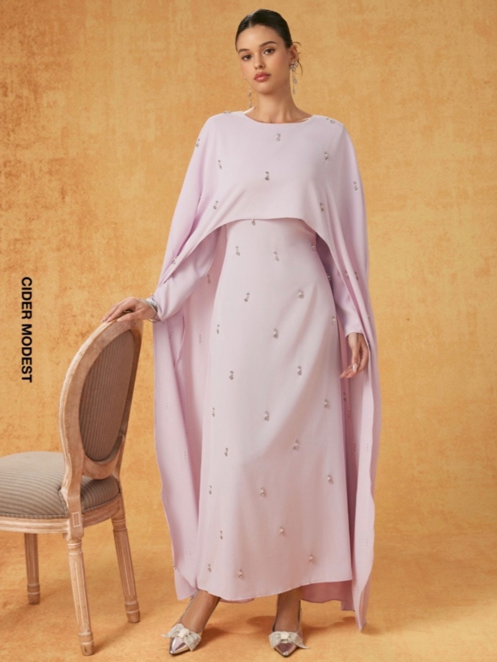 NWT ROUND NECKLINE LAYERED CAPE RHINESTONE MAXI DRESS